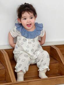 DAZY 2pcs Baby Girls Cartoon Print Ruffle Trim Top And Casual Pants Set, Comfortable Korean Style Loungewear Toddler Girls Clothes - Beige - View 1