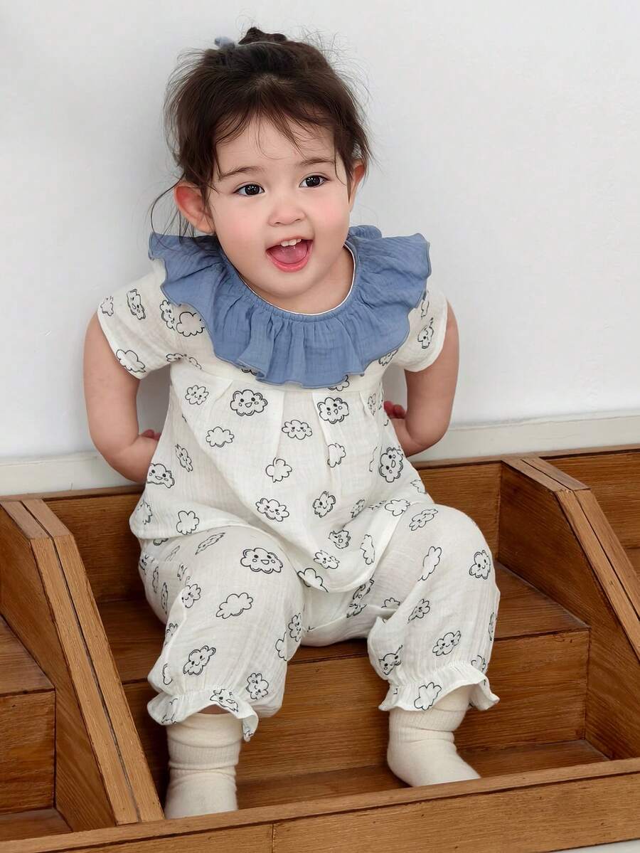 DAZY 2pcs Baby Girls Cartoon Print Ruffle Trim Top And Casual Pants Set, Comfortable Korean Style Loungewear Toddler Girls Clothes - Beige - View 1