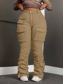 SHEIN SXY Plus Size Women Elastic Blue Denim Jeans With Pockets And Ruched Hem - Khaki - View 4