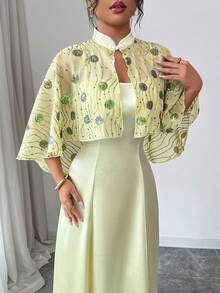 SHEIN Clasi 女士新款优雅串珠刺绣花卉吊带裙两件套 - 綠色 - 查看 6