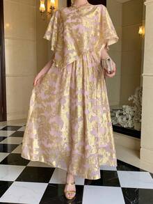 DAZY 女士优雅箔印不对称下摆上衣和半裙两件套，夏季 - 金色 - 查看 2