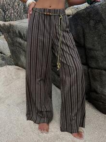 Livesso Striped Woven Waist Belt Casual Women Pants - Coffee Brown - View 6