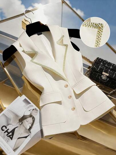 GlowEve Women's Elegant Elegant Office Commute Solid Color Contrast Ribbon Lapel Collar Sleeveless Blazer