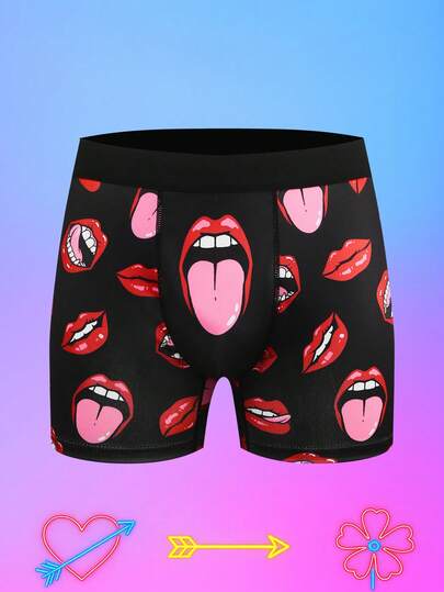Notgurli Valentinstag Lustige Lippen-Muster romantischer Kontrast-Farben Cartoon Graffiti Comic Street Style Herren Unterhosen, mittlere Taille, romantisches Geschenk