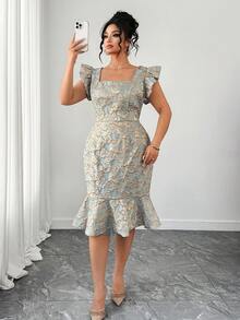 Elenzga 大码女士优雅复古提花方领修身中长连衣裙，泡泡袖，春夏款 - 彩色 - 查看 7