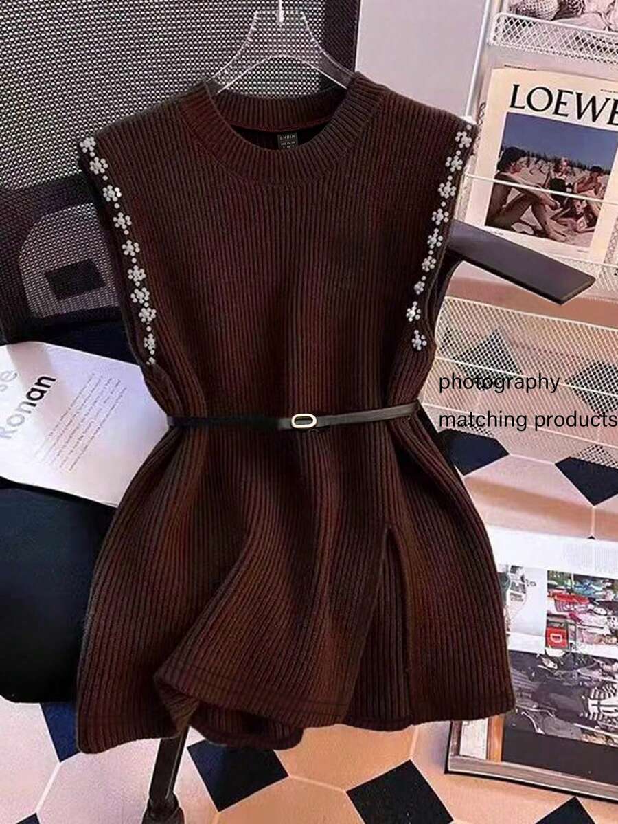 GlowEve Women's Solid Color Ribbed Pearl Knit Top, Autumn/Winter - Coffee Brown - View 1