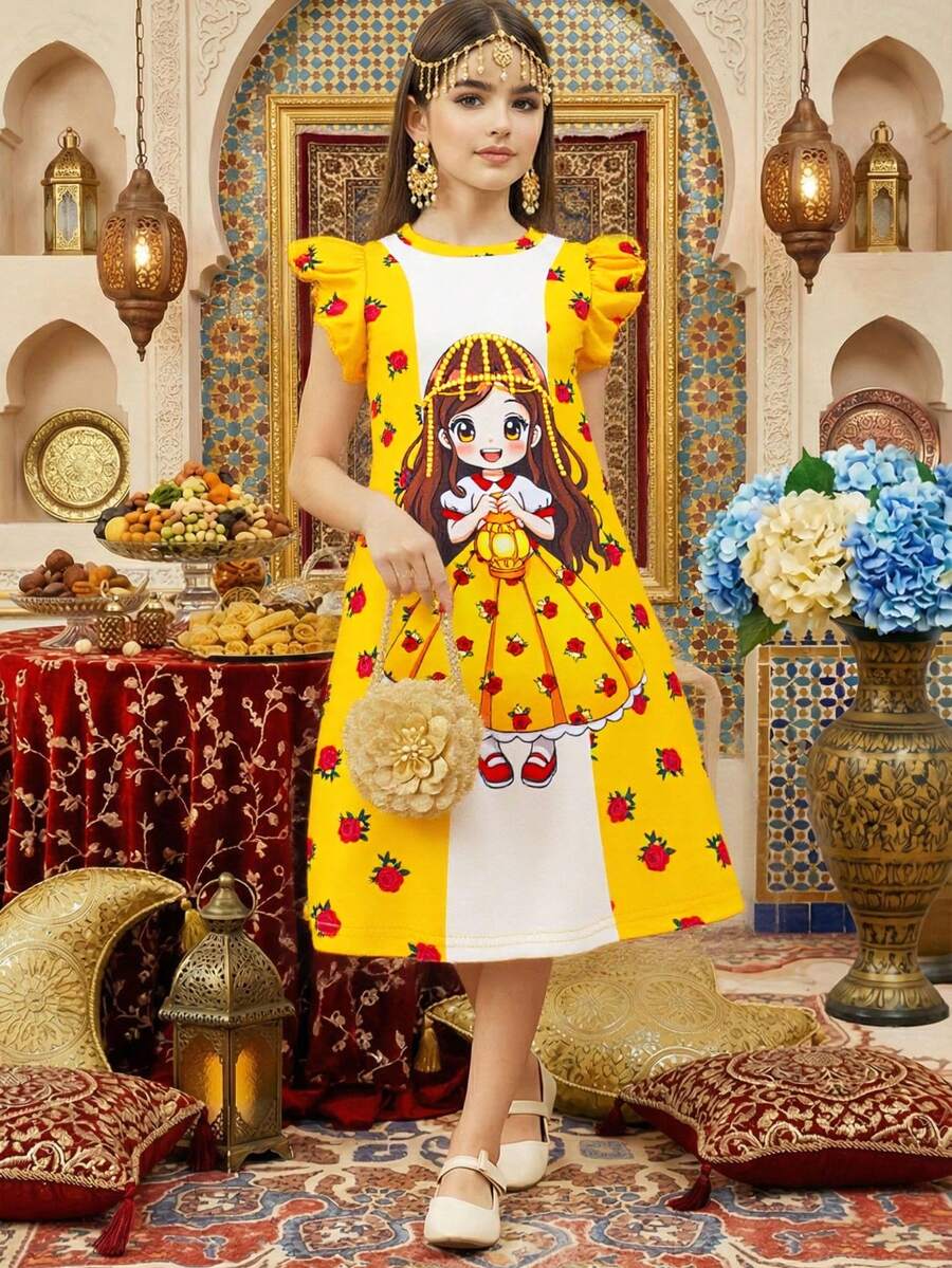 Young Girl'Flutter Sleeve Dress,White,Summer,Fairy - Multicolor - View 1