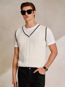Manfinity CityGents Men's Casual Daily Contrast Trim Cable Knit V-Neck Sweater Vest Men Knit Tops Cream Top Men Men Knit Tank Top Men Cable Knit Men Summer Wear