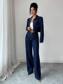 Elenzga Casual Loose Non-Stretch Dark Washed High-End Lapel Jacket & Straight Leg Jeans Set - Dark Wash - View 4