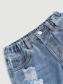 女童蓝色牛仔破洞宽松短裤 - 淺色水洗藍 - 查看 6