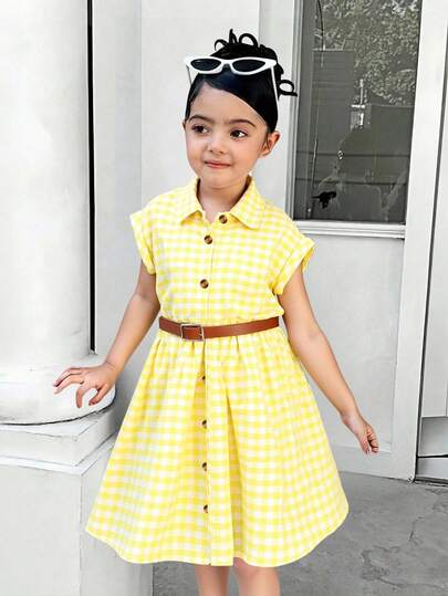SHEIN Girls (Small) Spring/Summer New Dress, Loose Woven Drop Shoulder Fitted Yellow Plaid Collar Button Front Shirt Dress With Fashionable Belt, Suitable For Casual Daily And Vacation Wear, Young Girl Formal Dress