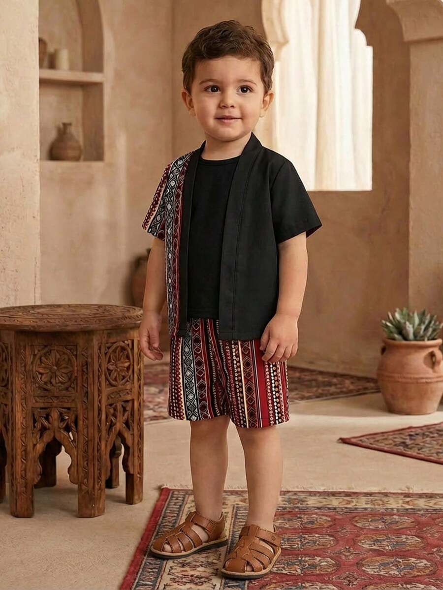 Bộ 2 món gồm áo sơ mi ngắn tay và quần short in họa tiết hình học cho bé trai, phong cách Bohemian. - Nhiều màu - Xem 1