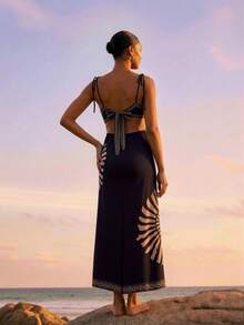 CAJUNI A Long Dress Printed With A Seafood Shell Pattern.Women's Striking Cutout Long Dress Sleeveless With Elegant Pattern Beach Maxi Style For Summer Getaways - Black - View 2