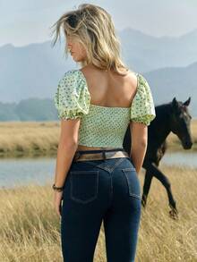 WESTFADE Sweetheart Foldover Neck Bow Tie Front Short Puff Sleeve Fitted Top Winter, Boho, Spring, Resort, Cute, Casual, Nashville, Cowgirl, Western Wear For Women, Vacation - Green - View 2