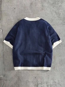 AXEPEAK 男士撞色滚边字母图案休闲短袖毛衣 - 藍色 - 查看 2