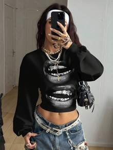 Coolane Casual Minimalist Street Style Black White Gray Lip Print Pattern Women Thickened Fleece Sweatshirt, Suitable For Autumn/Winter - Multicolor - View 3