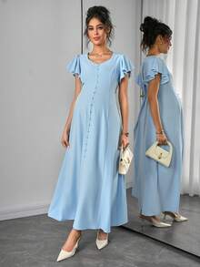 Momance Maternity Dress With Ruffle Short Sleeves, Diamond Neckline, Waist Seam Double Line, A-Line Hem, Front Button Design - Blue - View 6