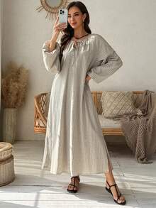 Vivie Lora 女士竖条纹宽松中长衬衫裙 - 杏色 - 查看 2