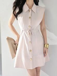 Heiryn Women's Elegant Minimalist Short Dress With Collar, Single-Breasted, Waist Tie Design - Pink - View 6