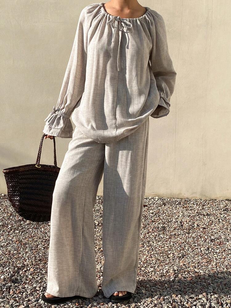 Women's Solid Color Tie Front Flare Sleeve Shirt And Wide Leg Pants Casual 2 Pieces Set Lounge Sets For Women