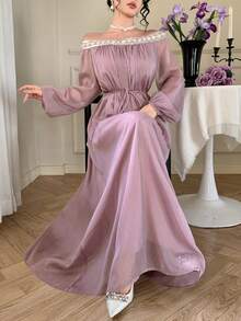 DAZY Elegant Off-Shoulder Midi Dress, Fitted Waist, Shiny Rhinestone Decor, Suitable For Valentine's Day, Wedding, Party, Formal Occasions, Spring/Summer Sundress - Purple - View 9