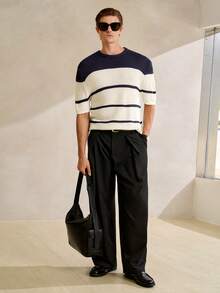 Claim Dot 男士短袖针织圆领T恤 – 藏青色和白色 – 撞色条纹图案 – 舒适面料 – 时尚设计，适合日常休闲穿着和周末外出。男士钩针上衣 男士休闲条纹T恤 男士针织T恤 男士夏季针织衫 男士条纹短袖针织衫 男士针织上衣 - 彩色 - 查看 5