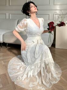 DAZY Women's Elegant Lace V-Neck Belted Mid-Length Dress, Summer - Beige - View 4