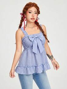 ROMWE Kawaii Cute Plaid Pattern Bow Decor Camisole - Multicolor - View 6