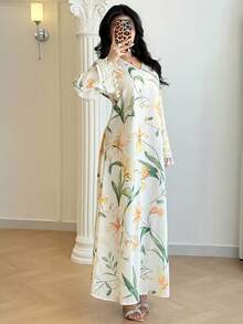 Yasmyna Al-Adha Elegant Ivory Floral Abaya Dress For Women,Long Sleeve V-Neck Modest Maxi With Lace Cuffs,Floral Print Tassel Turkish Arabic Long Robe - Multicolor - View 4