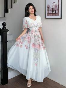 Modelyn V-Neck Poncho Design Waist Cinched Flared Chiffon Printed Dress For Women - Multicolor - View 4