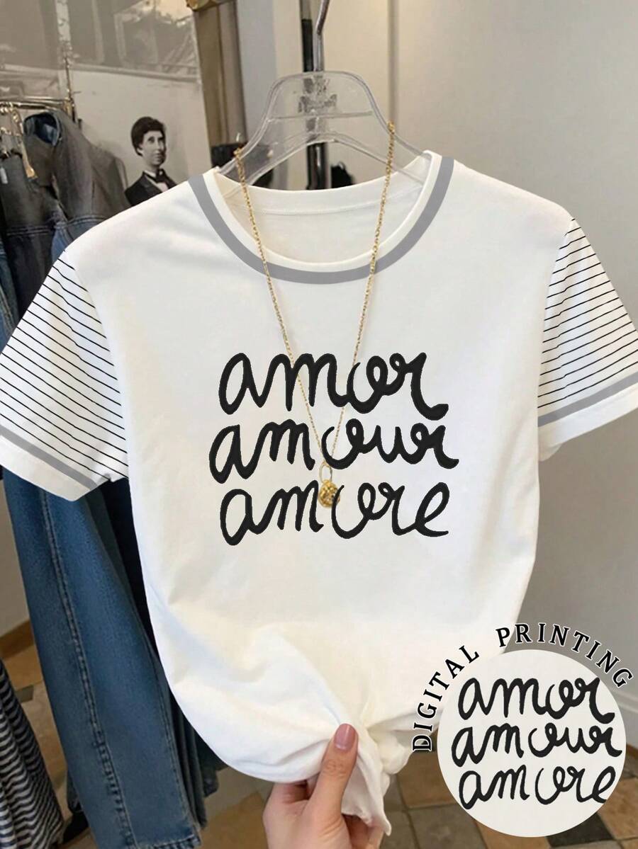 Resyla Áo thun ngắn tay nữ kiểu dáng thường ngày, họa tiết sọc và chữ cái, thích hợp cho mùa hè. - trắng - Xem 1