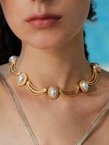 Opalesca 1 件时尚、优雅、别致的女士节日礼物装饰项链，适合搭配各种服饰，复古风格，串珠设计，婚礼/新娘配饰，仙女风/精灵风，珍珠，花朵，秋冬/秋季，送给妈妈/女士/女孩/母亲，优雅，高档，情人节礼物 - 金色 - 查看 1