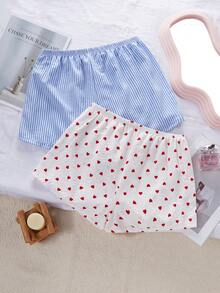 SHEIN 女士两件套睡衣套装 - 泡泡条纹爱心印花短裤，带仿纽扣，休闲款 - 彩色 - 查看 3