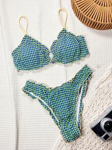 Bonvoyette-D 夏季黄蓝格子提花面料荷叶边圆环装饰女士休闲可爱沙滩比基尼泳装套装 - 彩色 - 查看 2