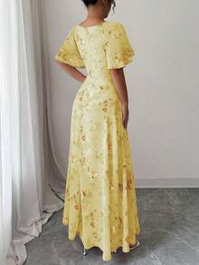 Modelyn Vestido de verano de mujer de estilo francés dulce con manga de murciélago, estampado de mariposa, plisado y de gasa - Amarillo - Ver 3