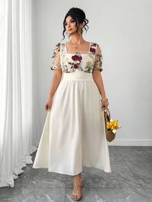 Elenzga Vestido de manga abullonada con cuello cuadrado, cintura ceñida y bordado floral elegante y romántico en malla para mujer de talla grande, para primavera/verano - Blanco - Ver 3