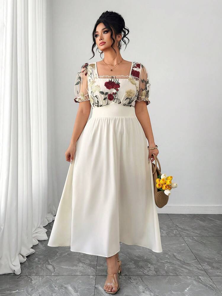 Elenzga Vestido de manga abullonada con cuello cuadrado, cintura ceñida y bordado floral elegante y romántico en malla para mujer de talla grande, para primavera/verano - Blanco - Añade 3