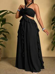 Veslaya 新款春夏沙滩旅行3D立体花卉露背系带荷叶边下摆A字大码连衣裙 - 黑色 - 查看 4