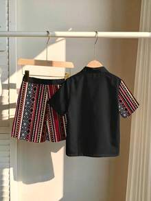 Bộ 2 món gồm áo sơ mi ngắn tay và quần short in họa tiết hình học cho bé trai, phong cách Bohemian. - Nhiều màu - Xem 5