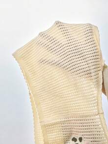 WESTFADE Floral Intarsia Square Neck Sleeveless Mixed Stitch Pointelle Knit Cropped Tank Top - Apricot - View 9