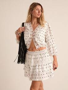 Women's 2-Piece Woven Slim-Fit Casual Suit, White Heart Pattern, Patchwork Lace Two-Piece Set, Spring/Summer 2026 - White - View 4