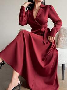 DAZY Spring & Summer Elegant Twist Knot Cross Front Top And Skirt Set, Casual, Work, Wedding, Red Color, Luxury Old Money Style - Burgundy - View 6