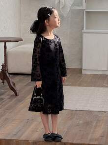 DAZY Young Girl Floral Flocked & Mesh Long Sleeve Casual Dress - Black - View 3