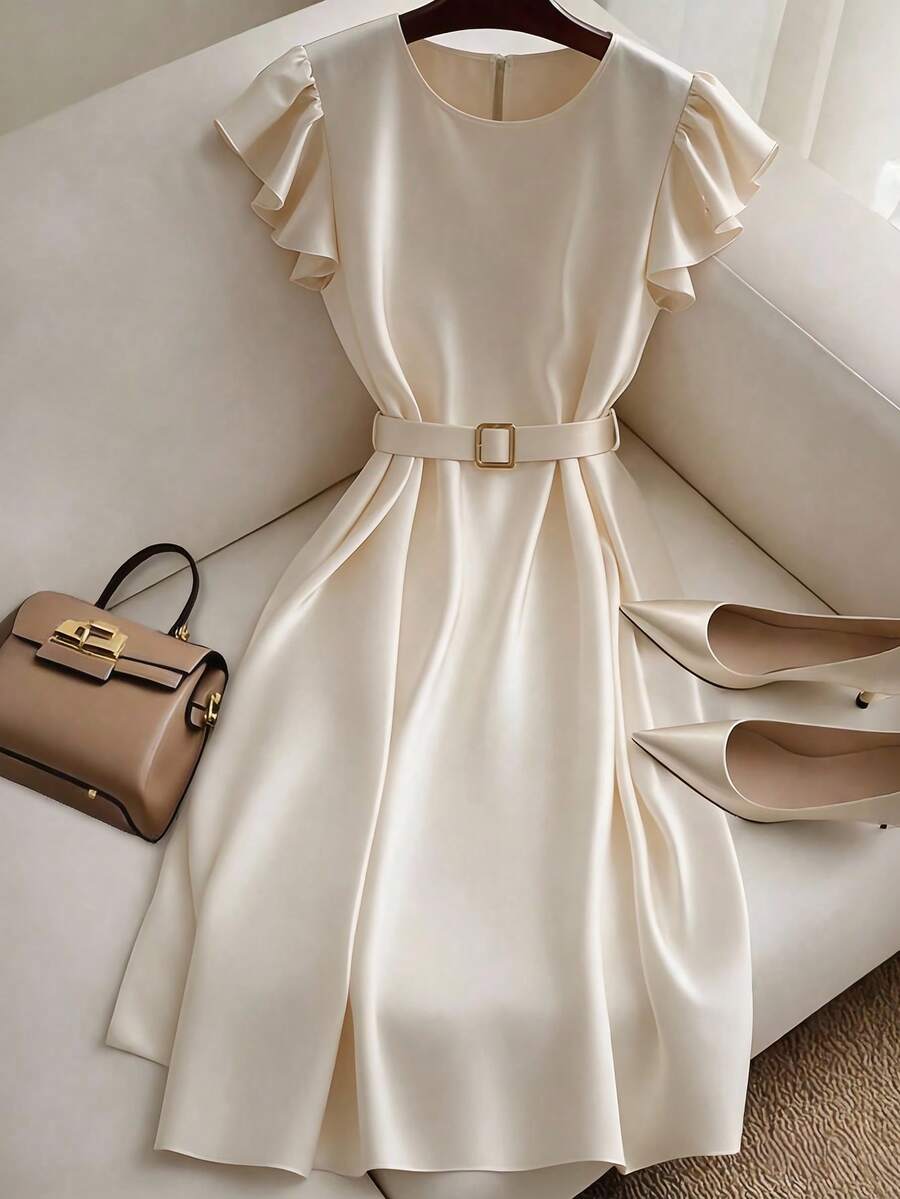 GlowEve Fashionable New Round Neck Ruffle Short Sleeve Gold Button Waist Belt Waisted Mid-Length Elegant High-Quality Dress For Women - Apricot - View 1