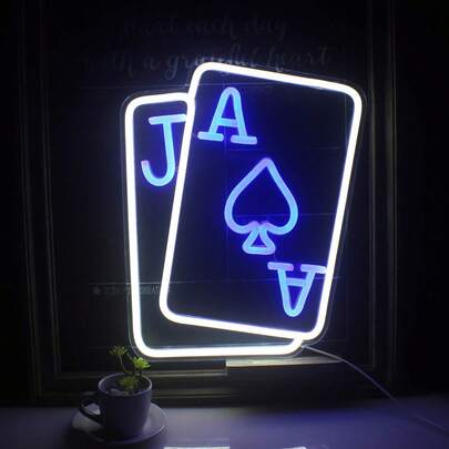 LED Neon Light Glowing Blue Playing Card Decorative Lights, DIY Creative Letter Advertising Signs, Ambient Lighting Suitable For Festivals, Parties, And Atmosphere Decoration.