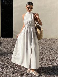 Livesso High Neck Cinched Waist Striped Maxi Elegant Party Dress For Women - Black and White - View 5