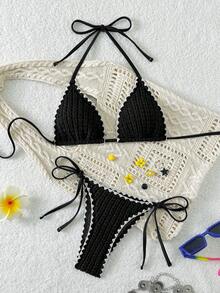 Swim Vcay Springbreak 女士新款夏季纹理纯色齿边设计露背三角泳裤侧绑带沙滩度假比基尼套装 - 黑色 - 查看 3