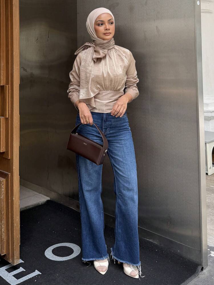 Satin Ribbon Collar Short Blouse, Elegant For Casual, Beach, Wedding, Commute, Spring/Summer Long Sleeve