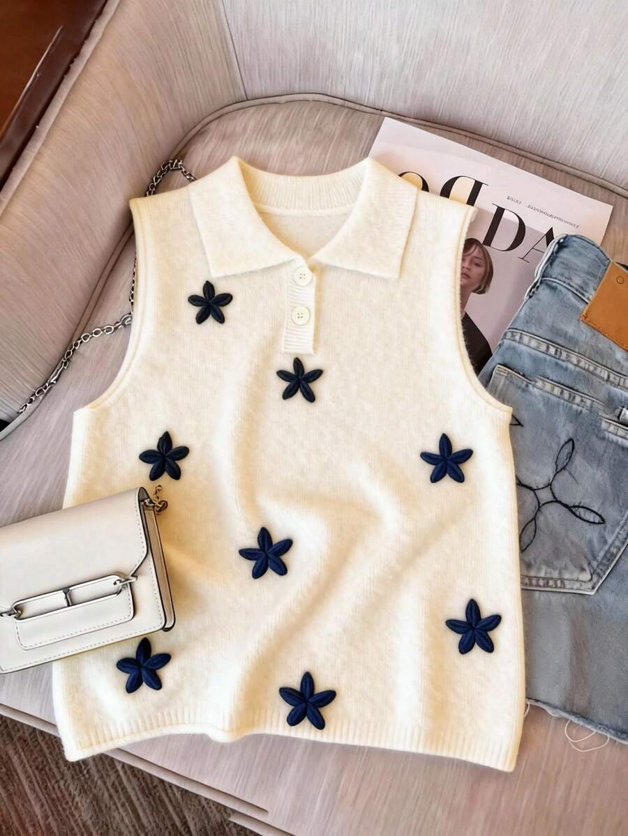 GlowEve Áo vest len cổ polo thời trang dành cho nữ, thêu hoa. - Màu be - Xem 1