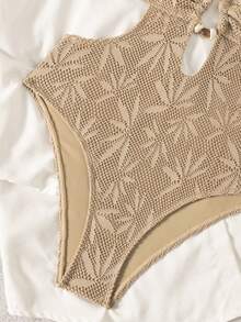 Swim Chiccia Traje de baño de una pieza de punto texturizado color caqui liso para mujer - Café integral - Ver 7